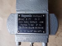 Elektrozawór ( Hegwein ) Stuttgart SMAE 8 P1 04 S 220V 50 Hz 100 % ED 45 W Pe max 1 bar IP 54 -10 st 60 st - nie używany